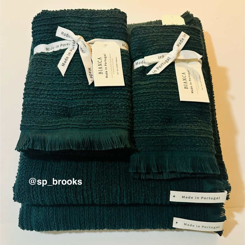 🎁6PC BIANCA Bath Towel Set - Emerald Green Cotton Boucle Textured Pattern